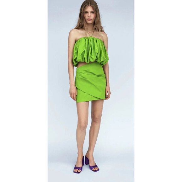 NWOT Zara lime green satin-effect gathered & draped high waisted mini skirt, S - Picture 7 of 15